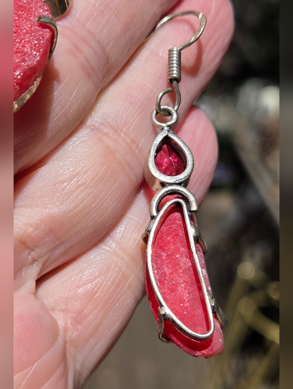 Vibrant Pink Druzy Drop Sterling Earrings with Faceted Garnet Accent - Picture 8 of 8
